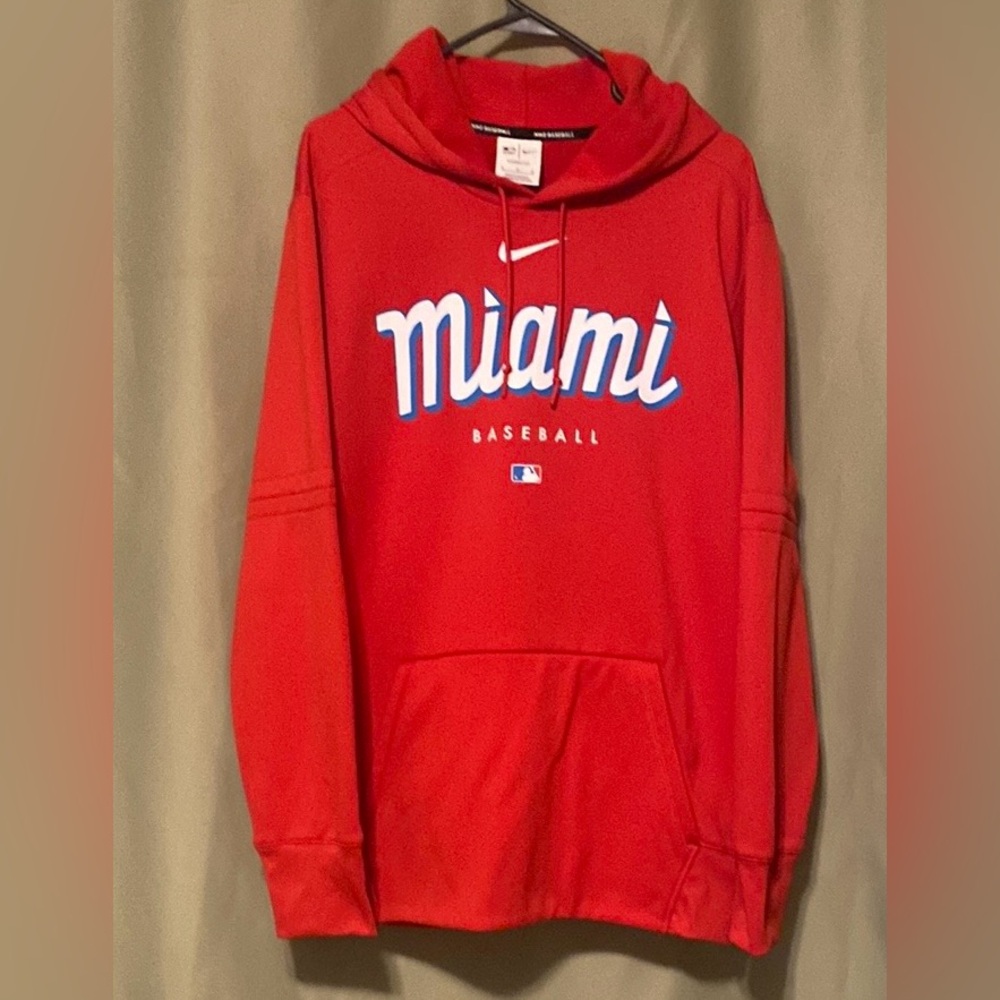 Nike Baseball Therma Fit Red Miami Marlins MLB Baseball Pullover Hoodie Size L